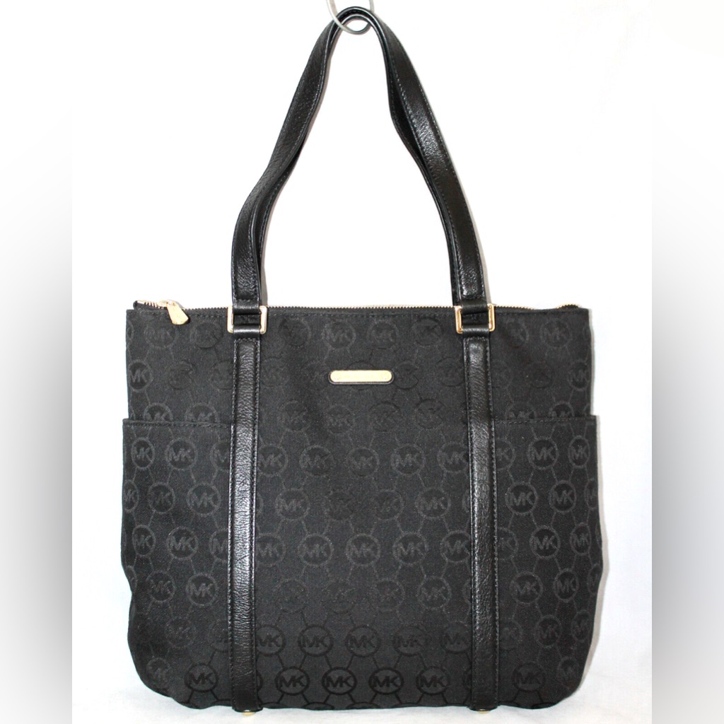 Michael Kors Jet Set Tote Black Signature Jacquard Fabric Lthr